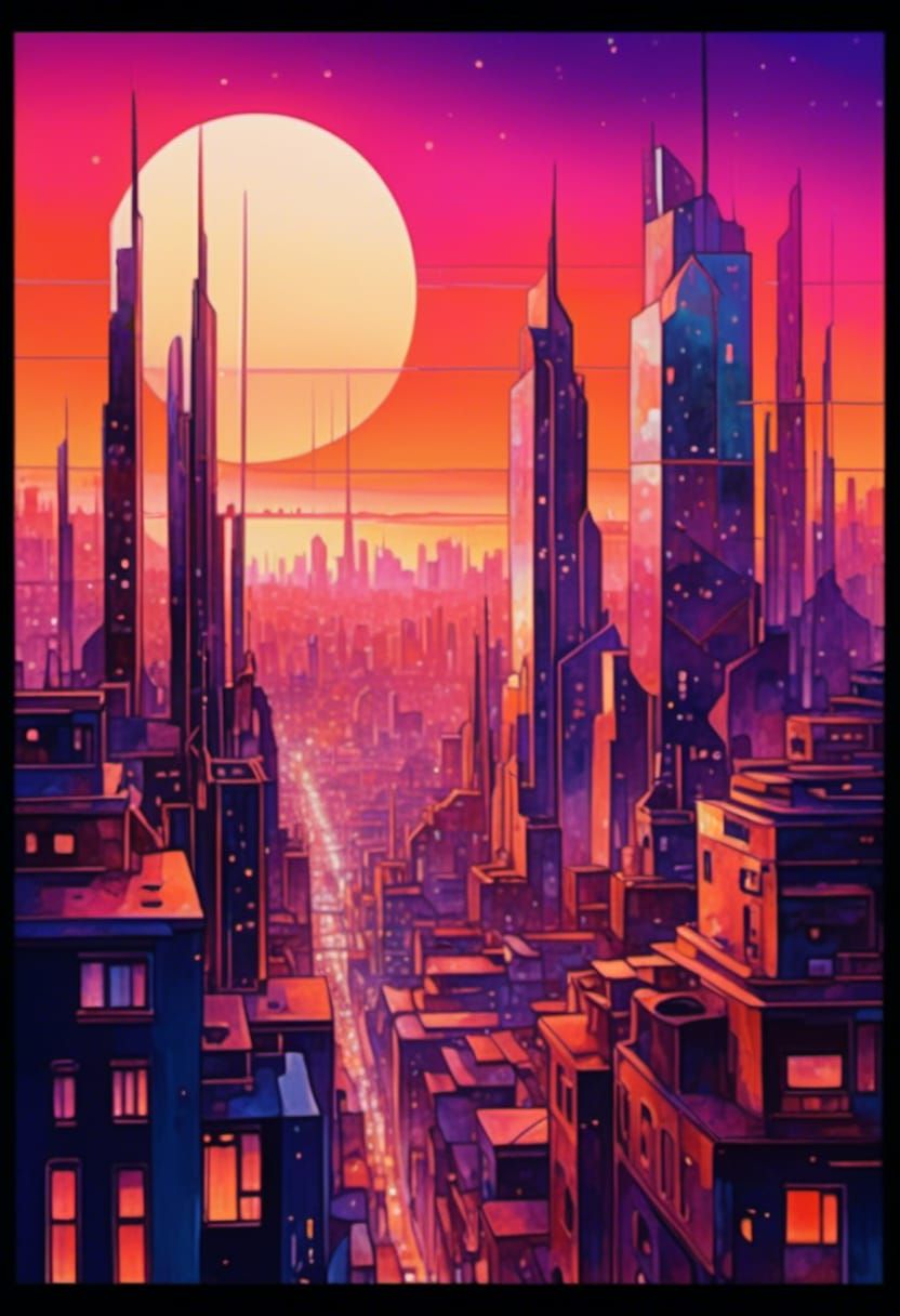 Cyberpunk Cityscape at Dusk in Vibrant Digital Art