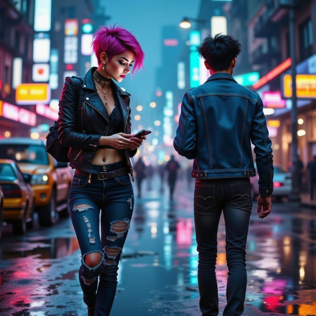 A Couple Walking in a Neon City Street Scene