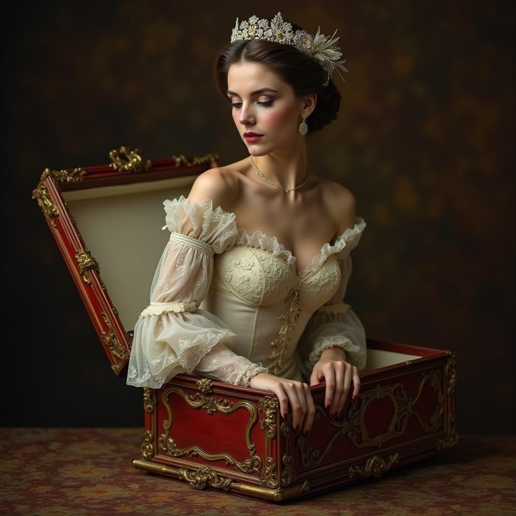 Elegant Woman Emerges from a Luxurious Trunk