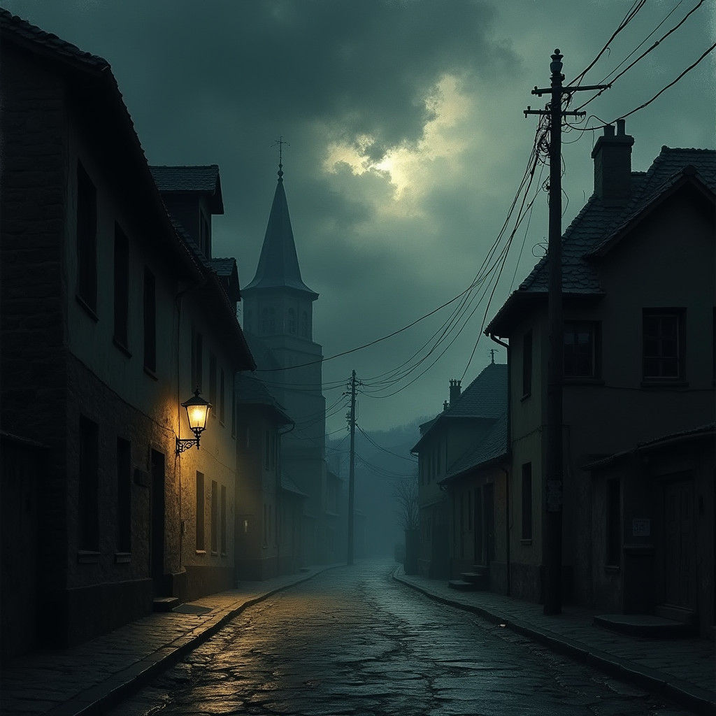 Ominous Street Scene in Gothic Horror Style