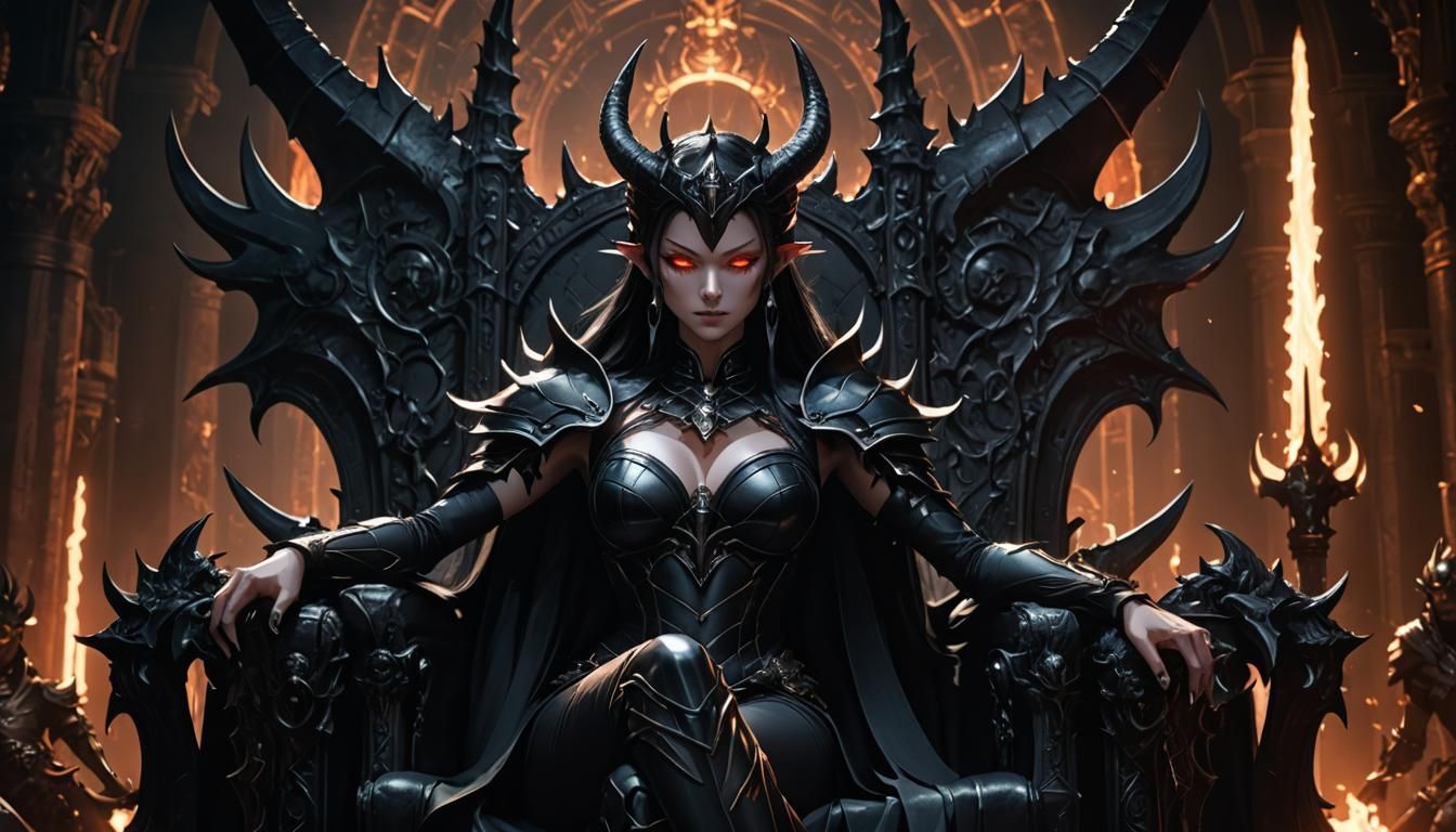 Anime Demon Queen on Throne in Dark Fantasy Style