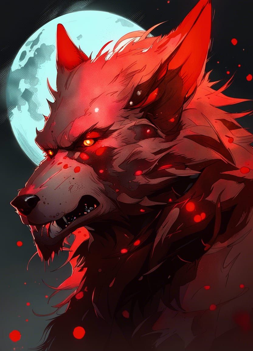 Bioluminescent Red Moon Werwolf Portrait