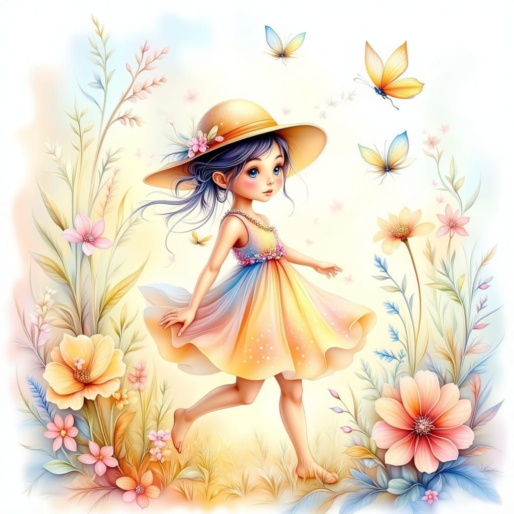 Girl in Polka Dots Runs Through Oversized Watercolor Flowers