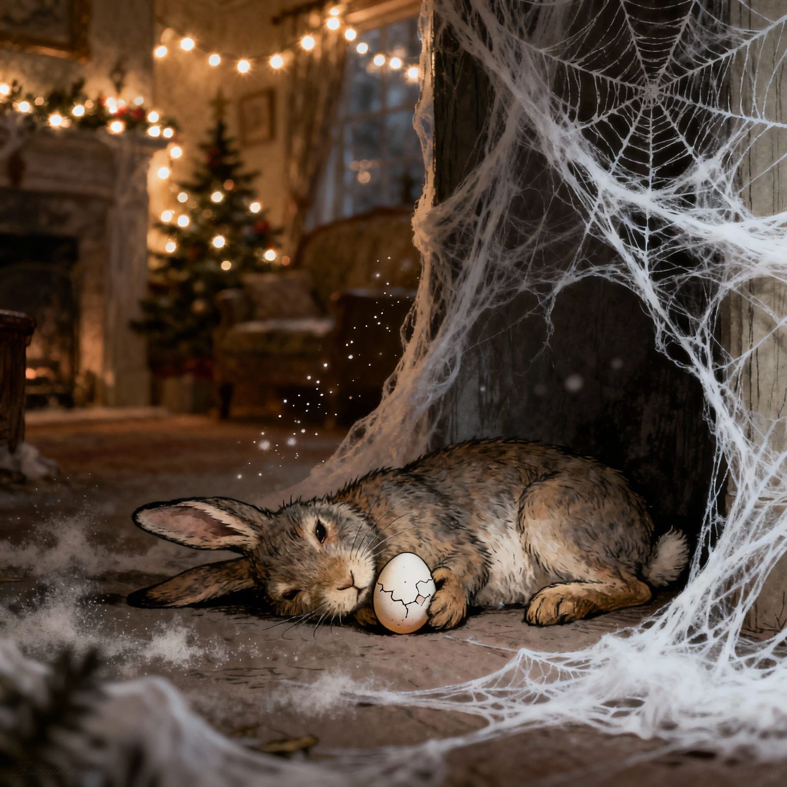 Christmas Room With Forgotten Easter Bunny
