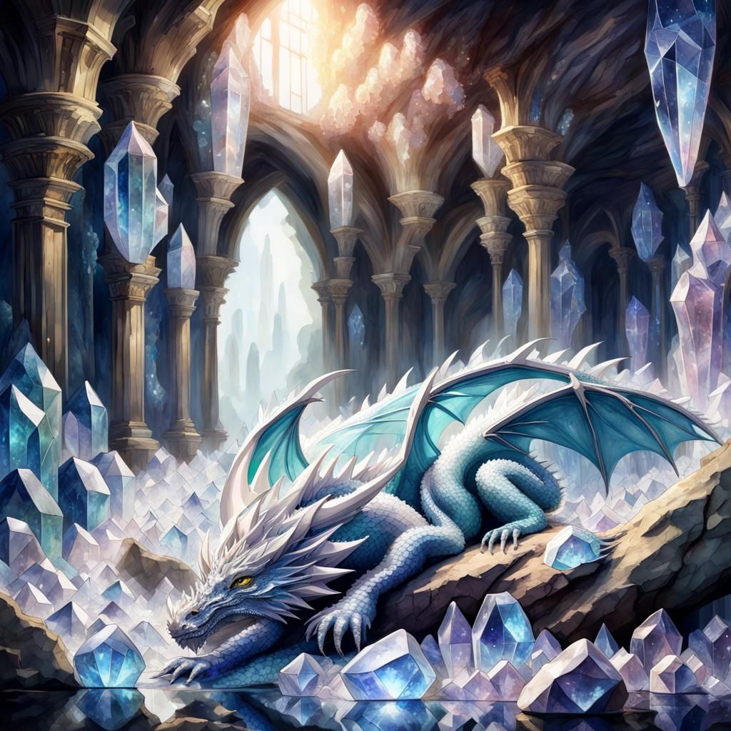 Crystal Dragon Sleeping in Cave: Watercolor Art