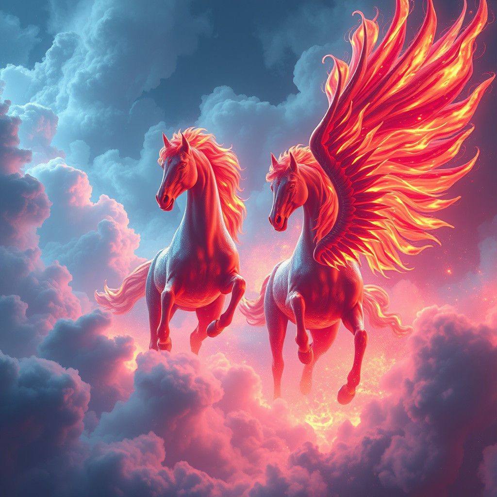 Majestic Fire Horse and Wind Horse in Mystical Realm