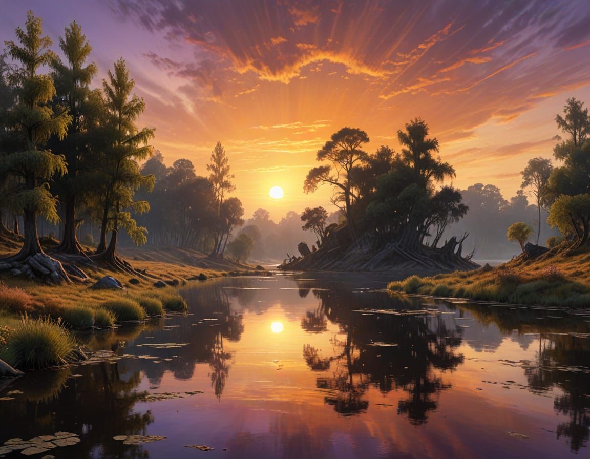 Ethereal Sunset Forest Lake in Warm Oil Painting Style