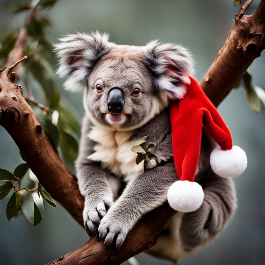 Festive Koala Portrait with Christmas Hat