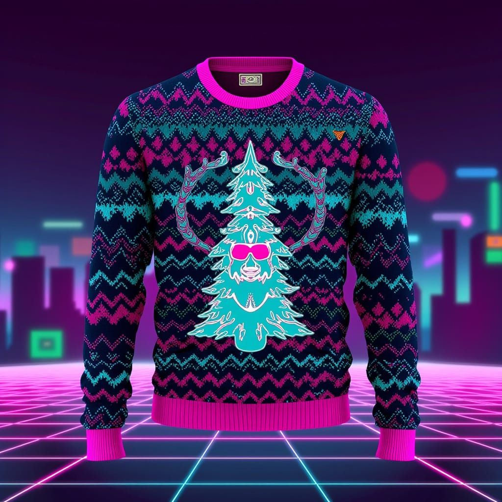 Retro 80s Christmas Sweater with Neon Zigzags and Electric R...