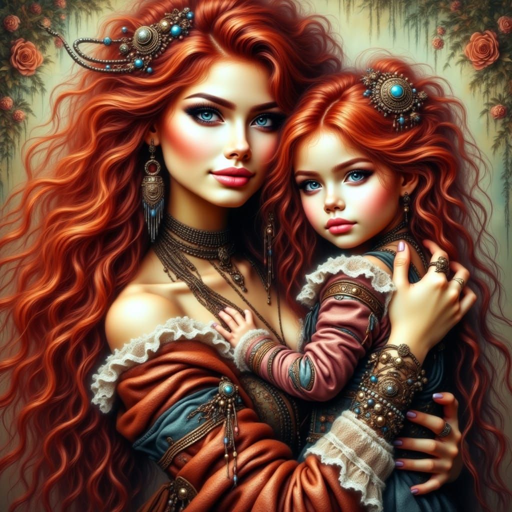 Steampunk Woman and Baby Portrait in Mixed Media Style