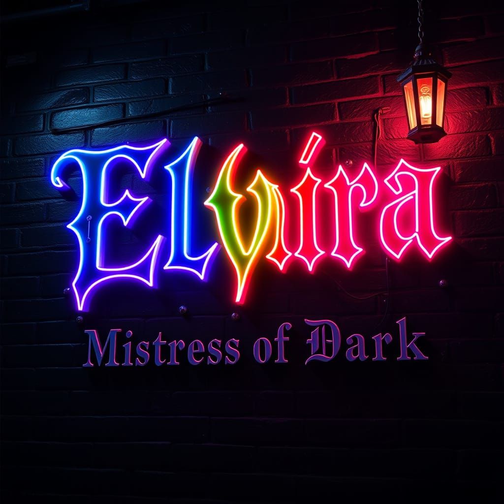 Elvira Mistress of the Dark Neon Sign in Hyperrealism