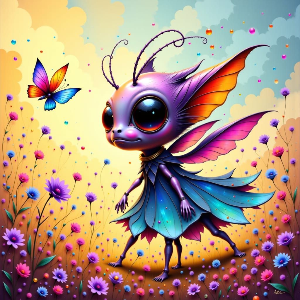 Iridescent Alien Chasing Butterfly in Wildflower Field