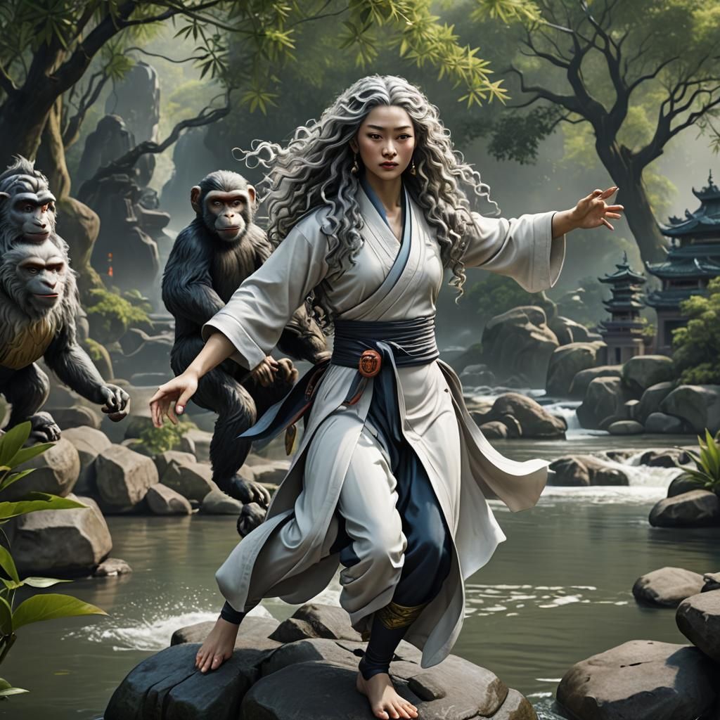 Woman, Monkey, and Bamboo River Scene in Detailed Matte Pain...
