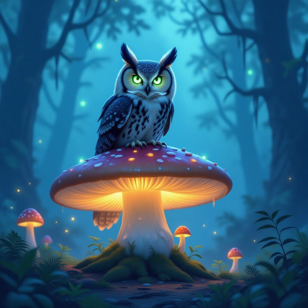 Wise Owl on Glowing Mushroom in Misty Twilight Forest