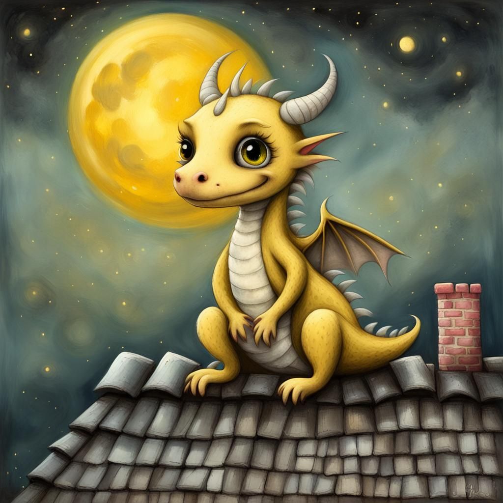 Cute Dragon on Village Roof in Oil Painting Style