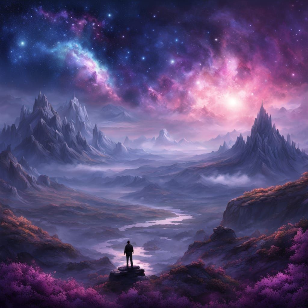 Giant Puppy on Misty Mountain Summit in Cosmic Nebula Sky