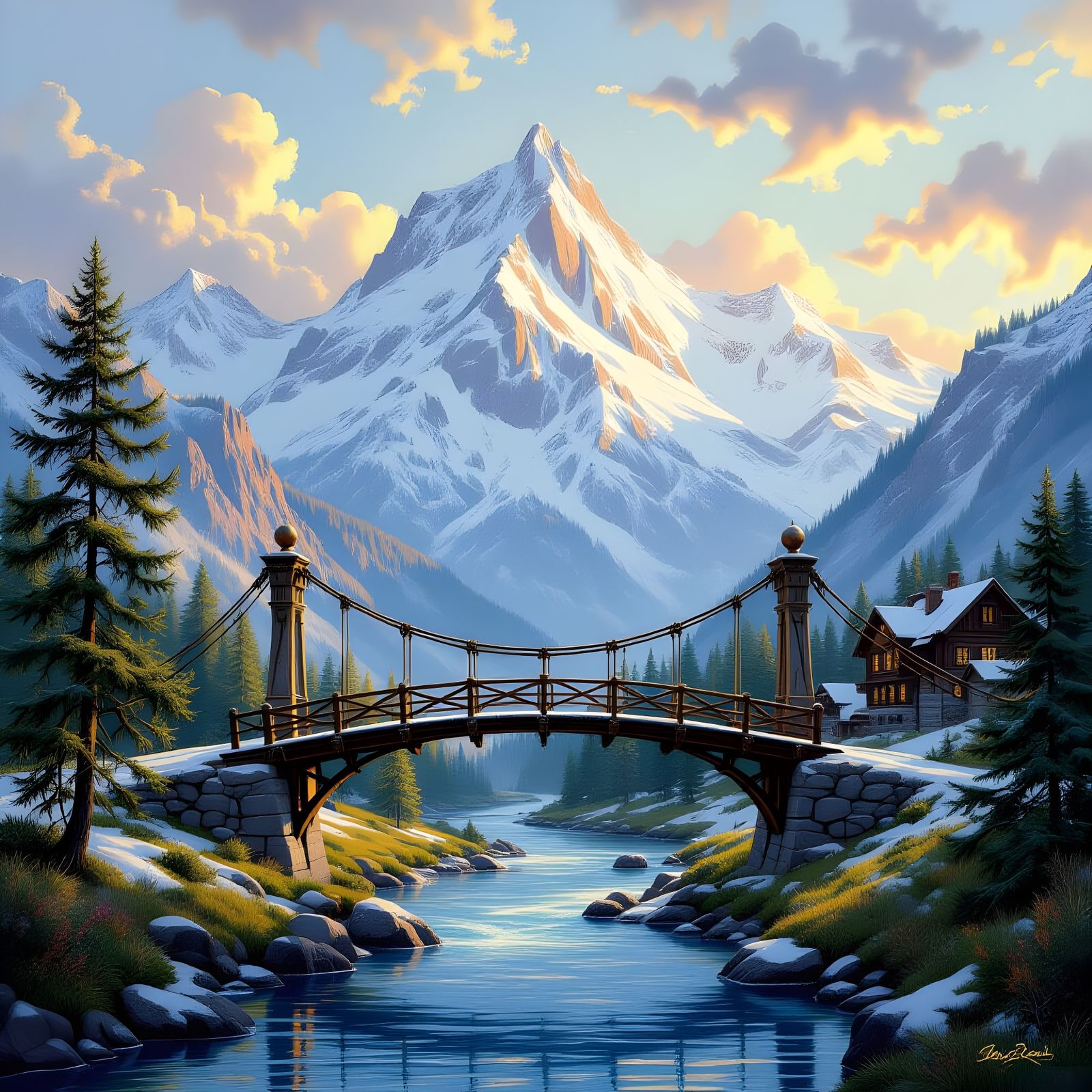 Majestic Mountain Landscape with River and Rope Bridge