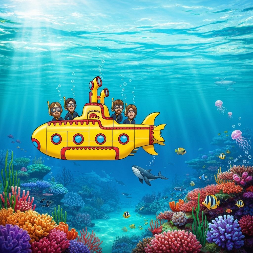 Yellow Submarine Cartoon in Tropical Paradise