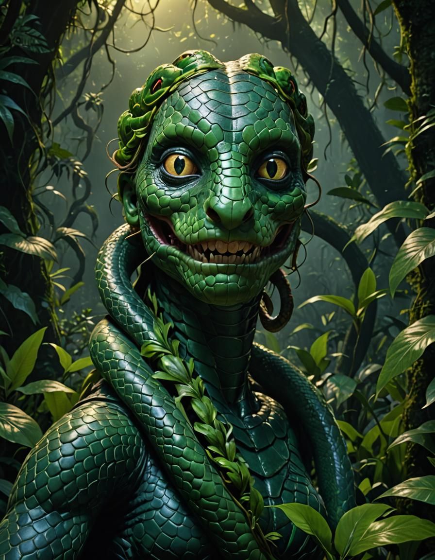 Hypnotic Snake Goddess in Twilight Jungle