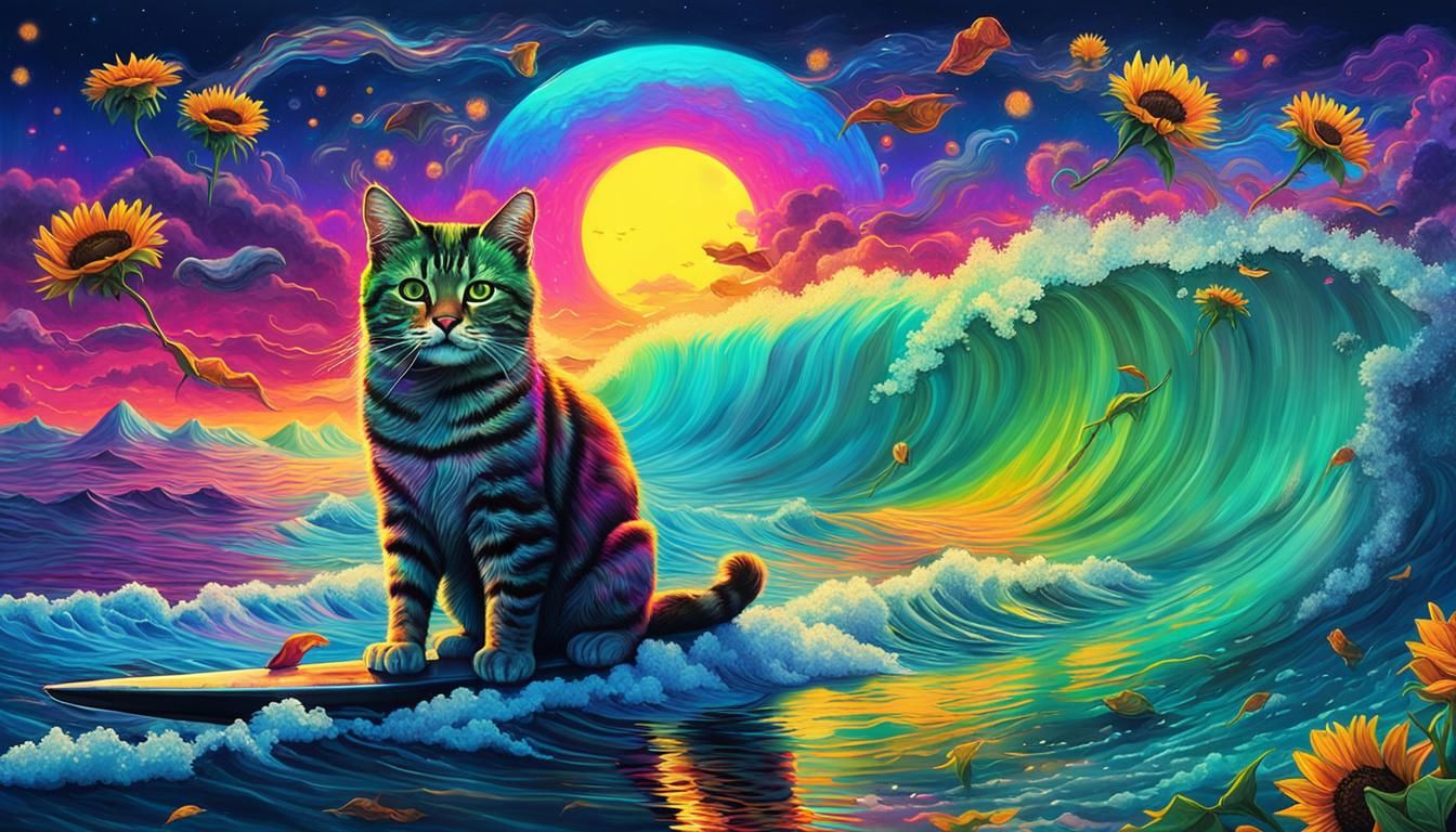 Night Cat Surfing: Surreal Cyberpunk Neon Illustration