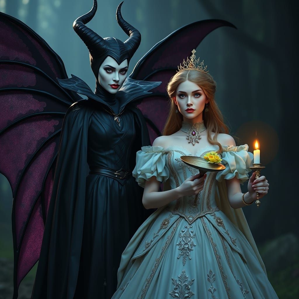 Maleficent and Aurora in Realistic Cinematic Style