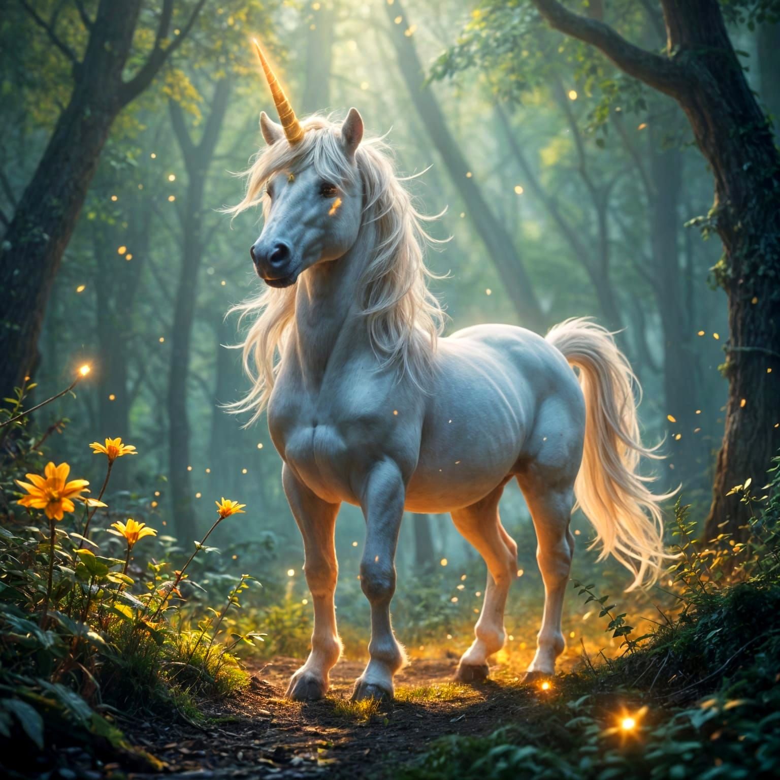 Majestic Unicorn in Enchanted Forest: Fantasy Art