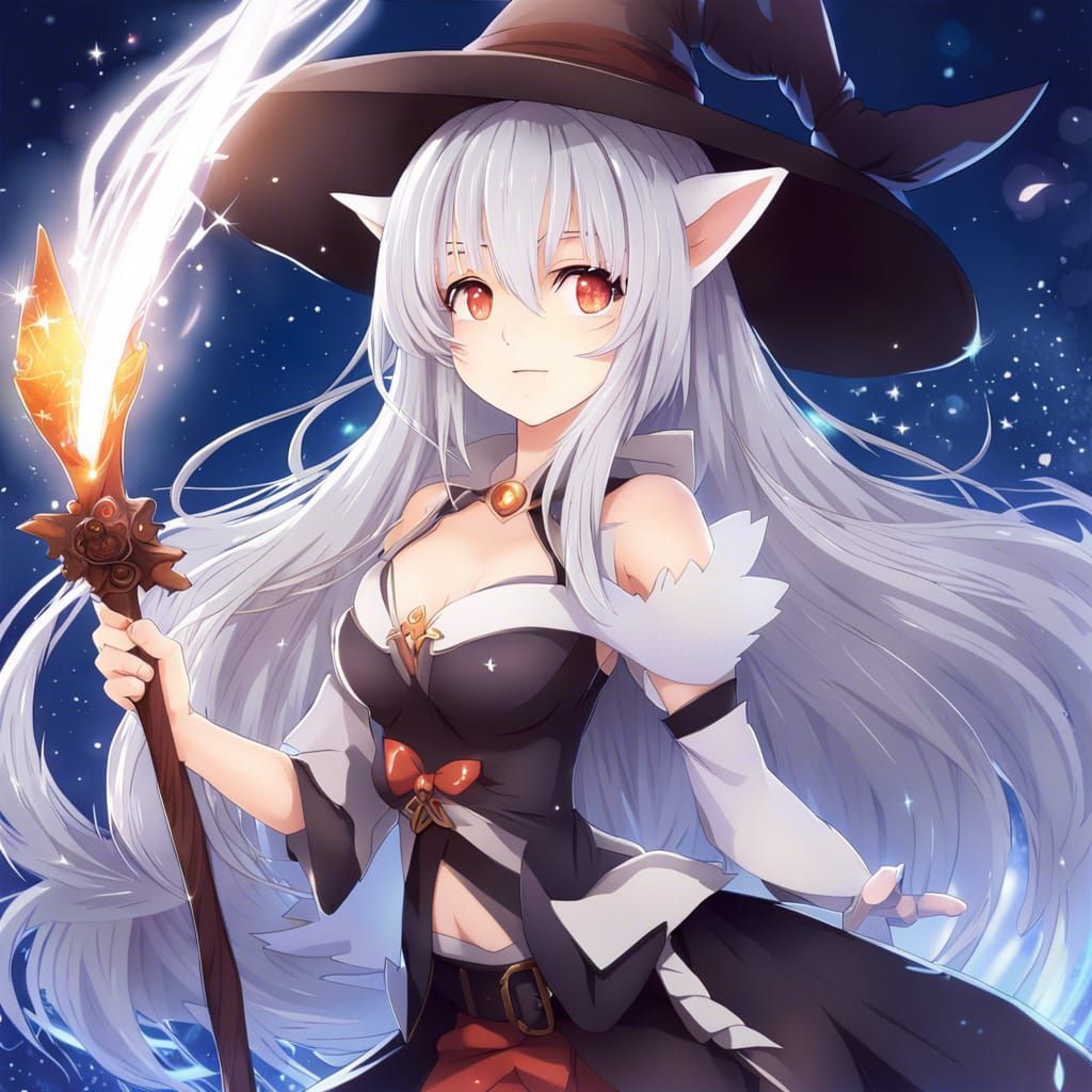 Fantasy Fox Witch with Glowing Wand in Anime Style