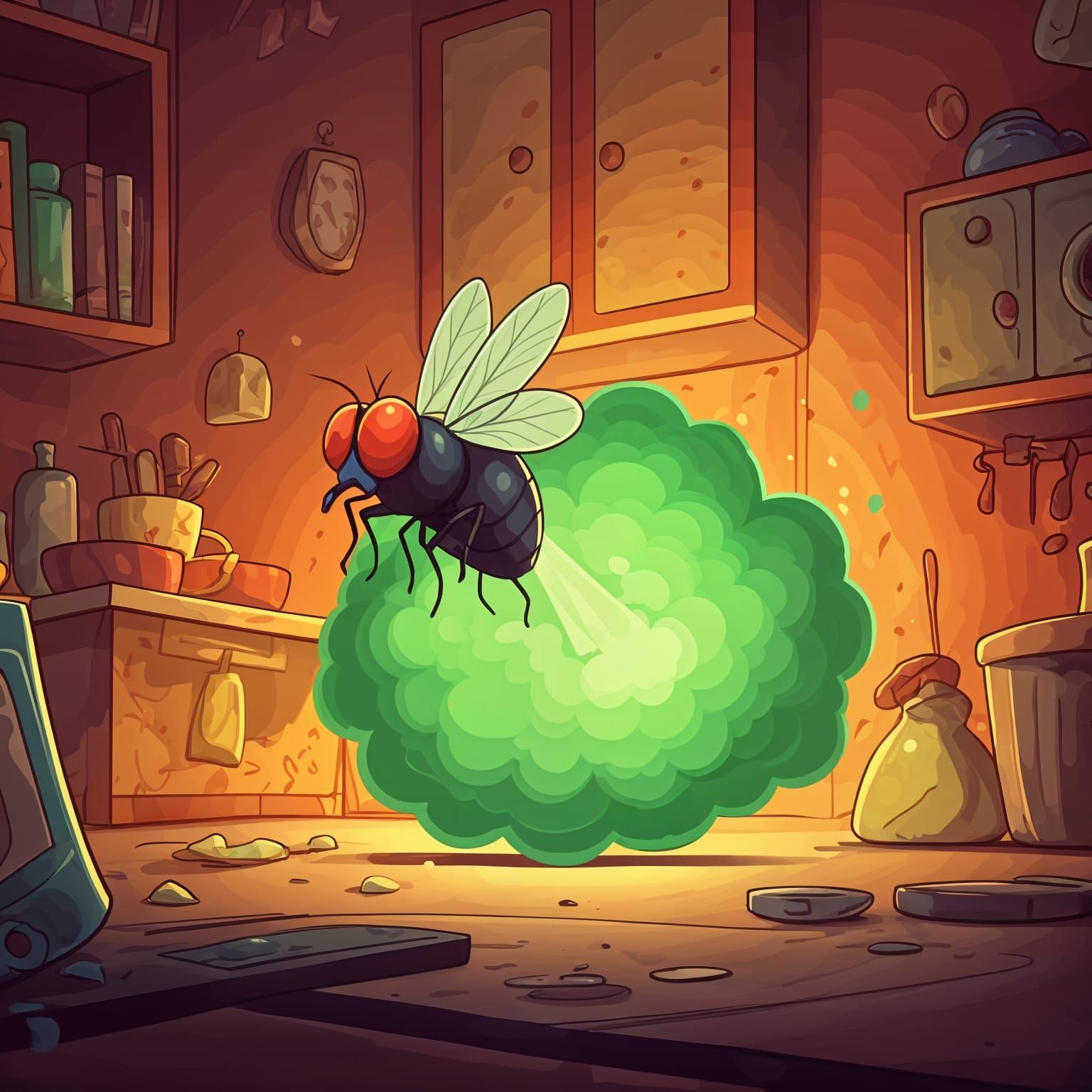 Cartoon Fly Farting in Messy Kitchen