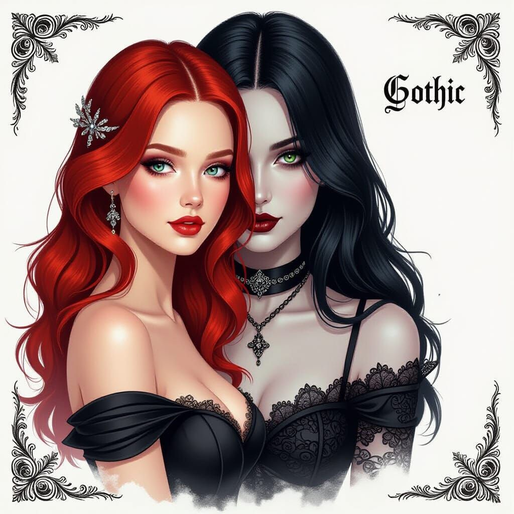 Contrasting Portrait: Red-Haired Beauty and Gothic Lady