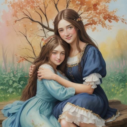 Loving Embrace in Orchard: Gouache and Watercolor Style