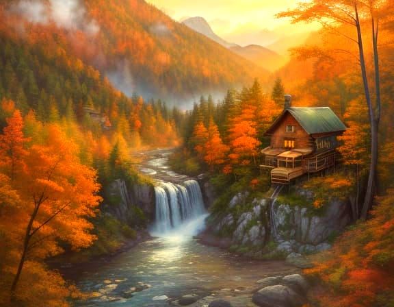 Rustic Cabin in Autumn Mountain Landscape