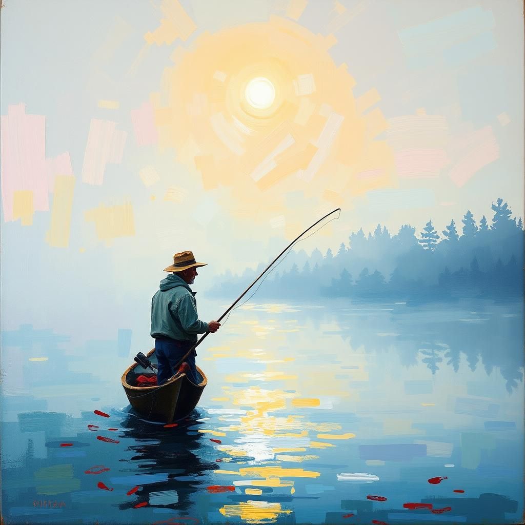 Fisherman on Misty Lake: An Impasto Acrylic Painting