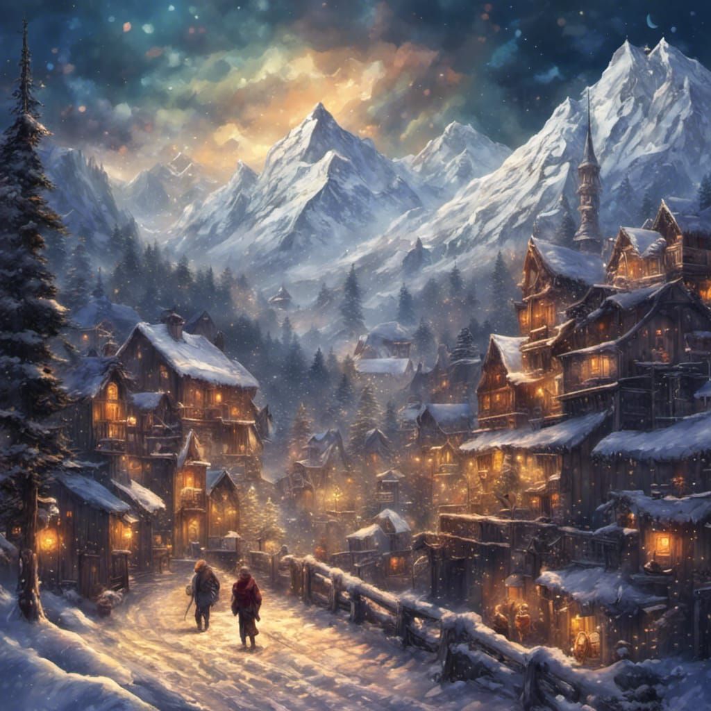Snowy Mountains and Village: Detailed Matte Painting