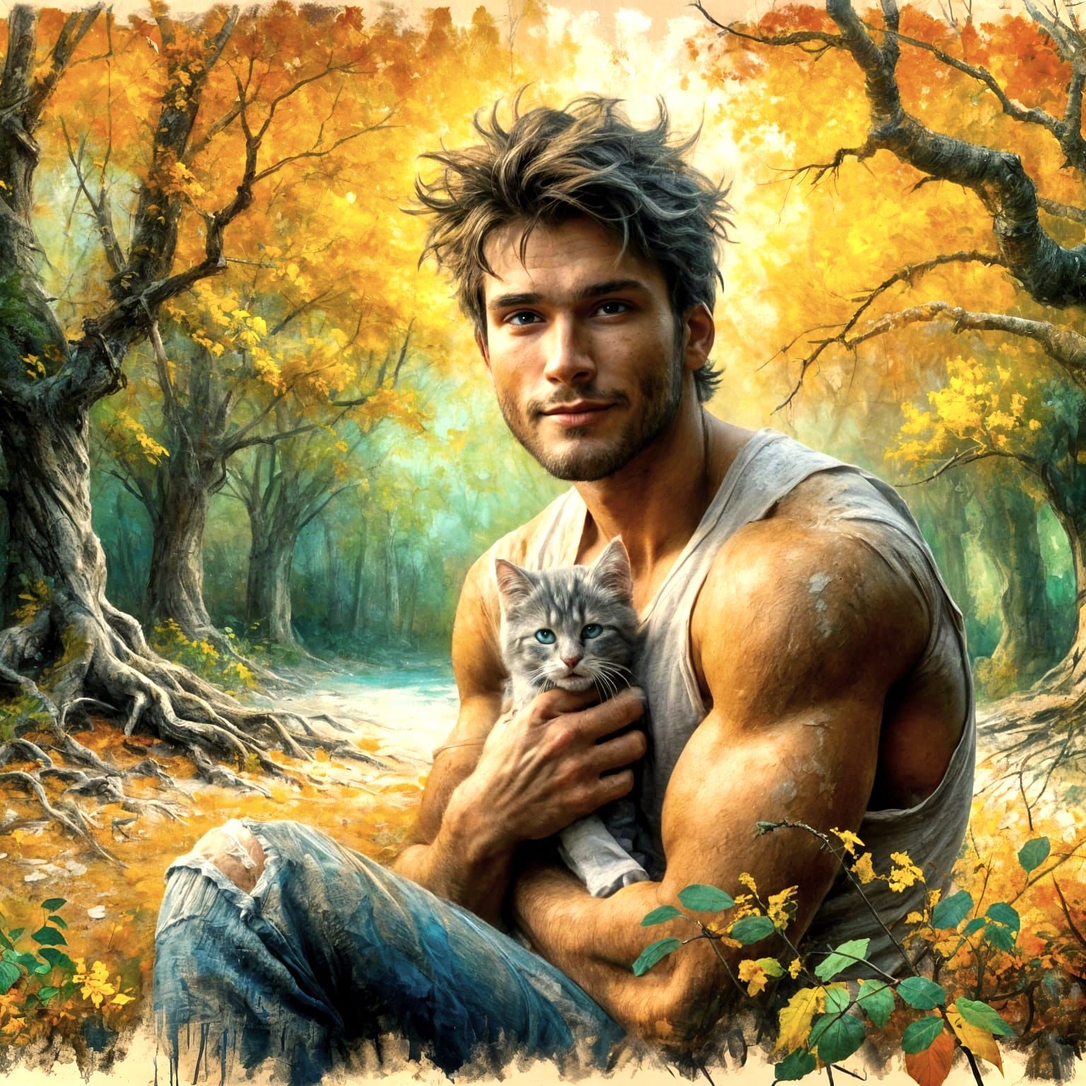 Fantasy Art: Man with Kitten in Autumn Glade