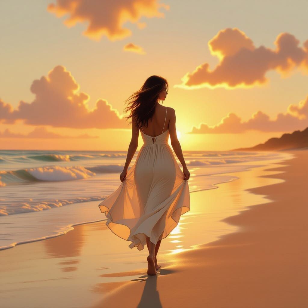 Woman Strolls Beach at Sunset in Whimsical Style