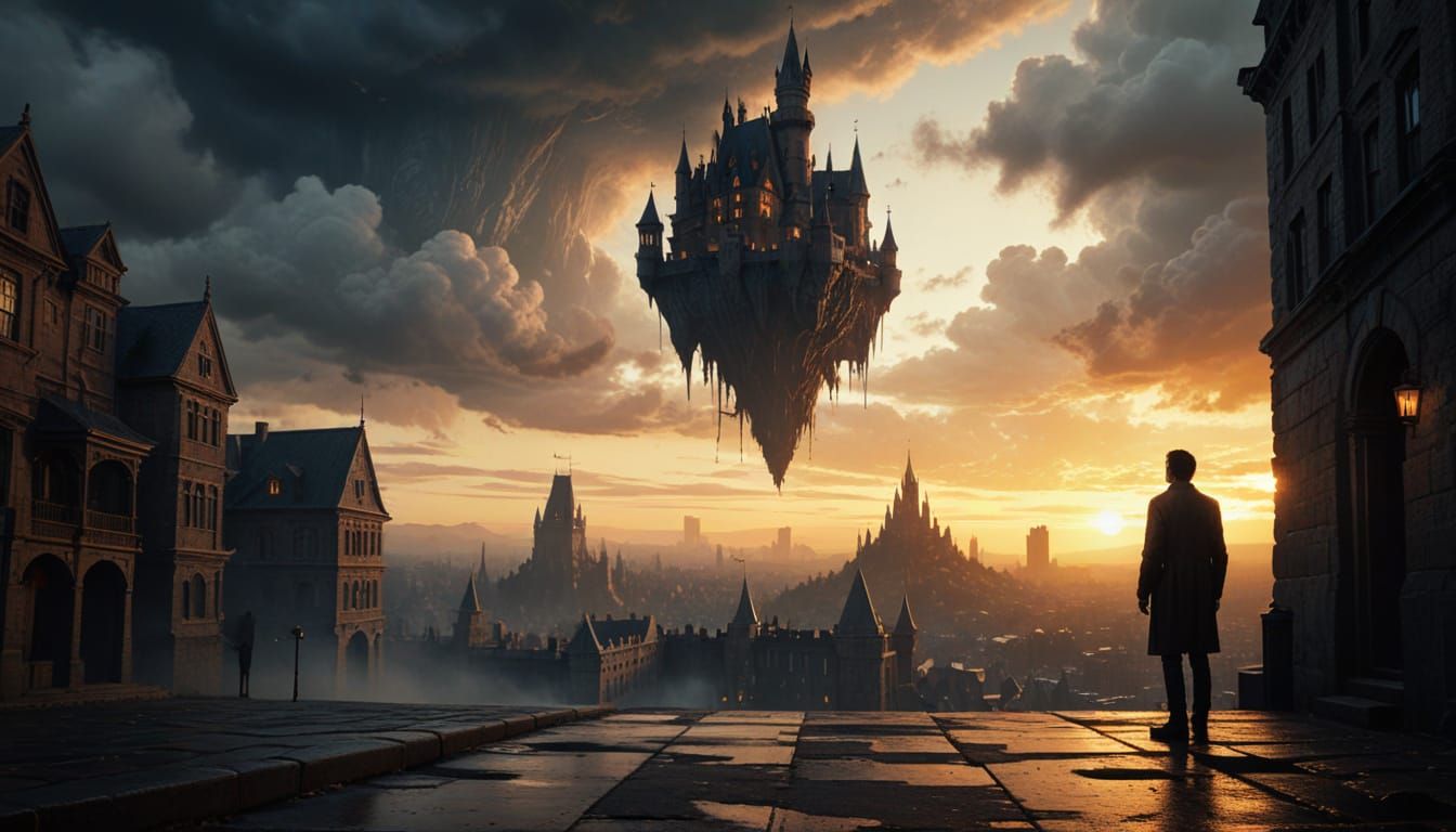 Floating Castle Over City in Dramatic Cinematic Lighting