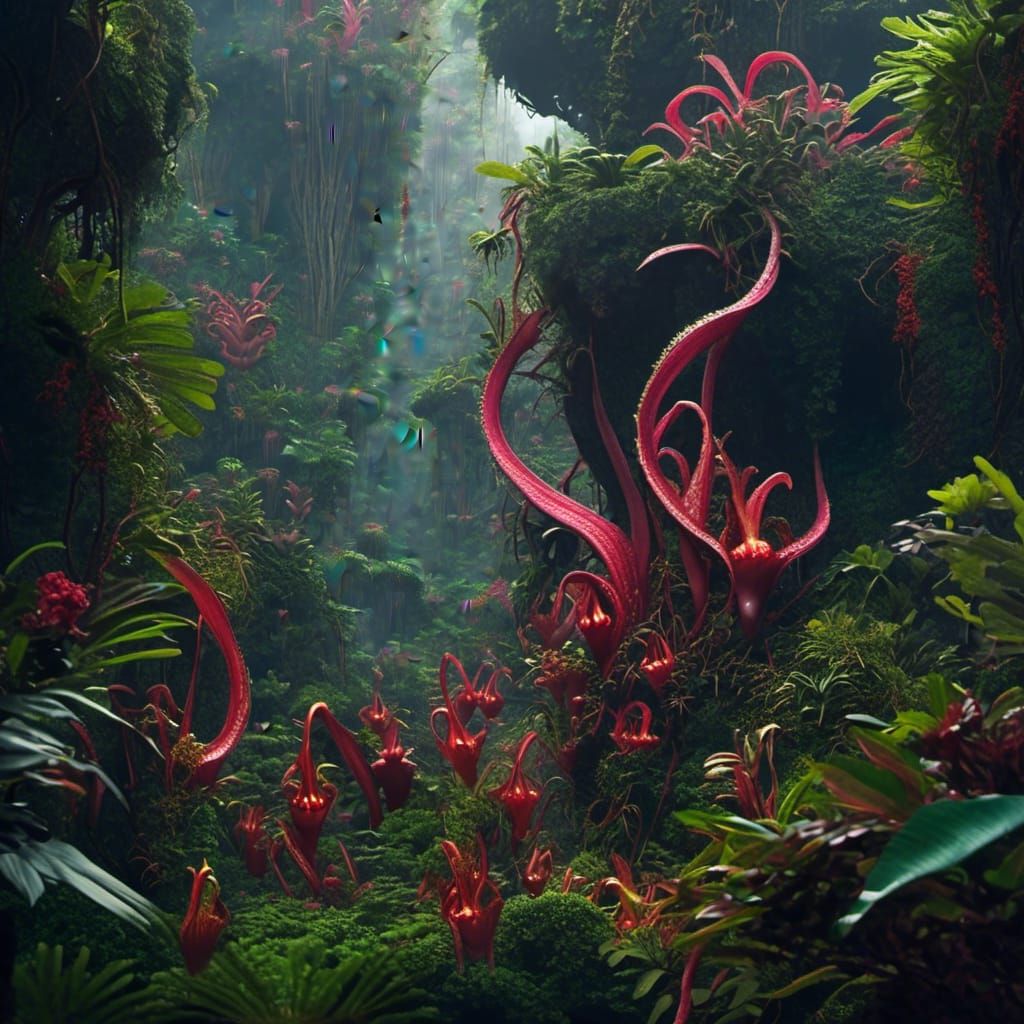 Nepenthes Thriving Wild in Forest: Digital Matte Painting