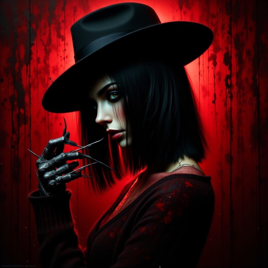 Woman in Freddy Krueger Costume with Grudge Background