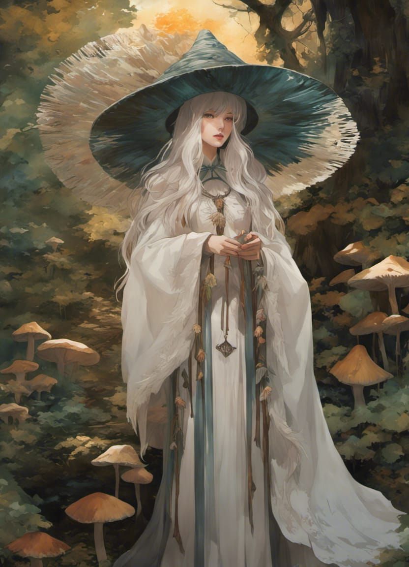 Mushroom Witch in Cottagecore Garden as Digital Art