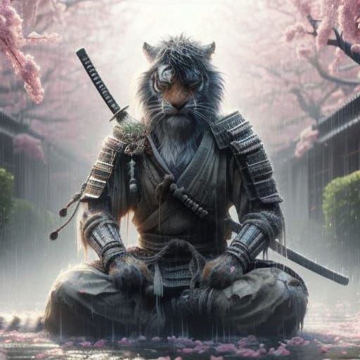 Meditating Tiger Samurai Warrior in Rainy Sakura Courtyard