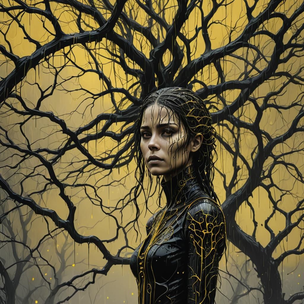 Surreal Woman in Black and Yellow Rain