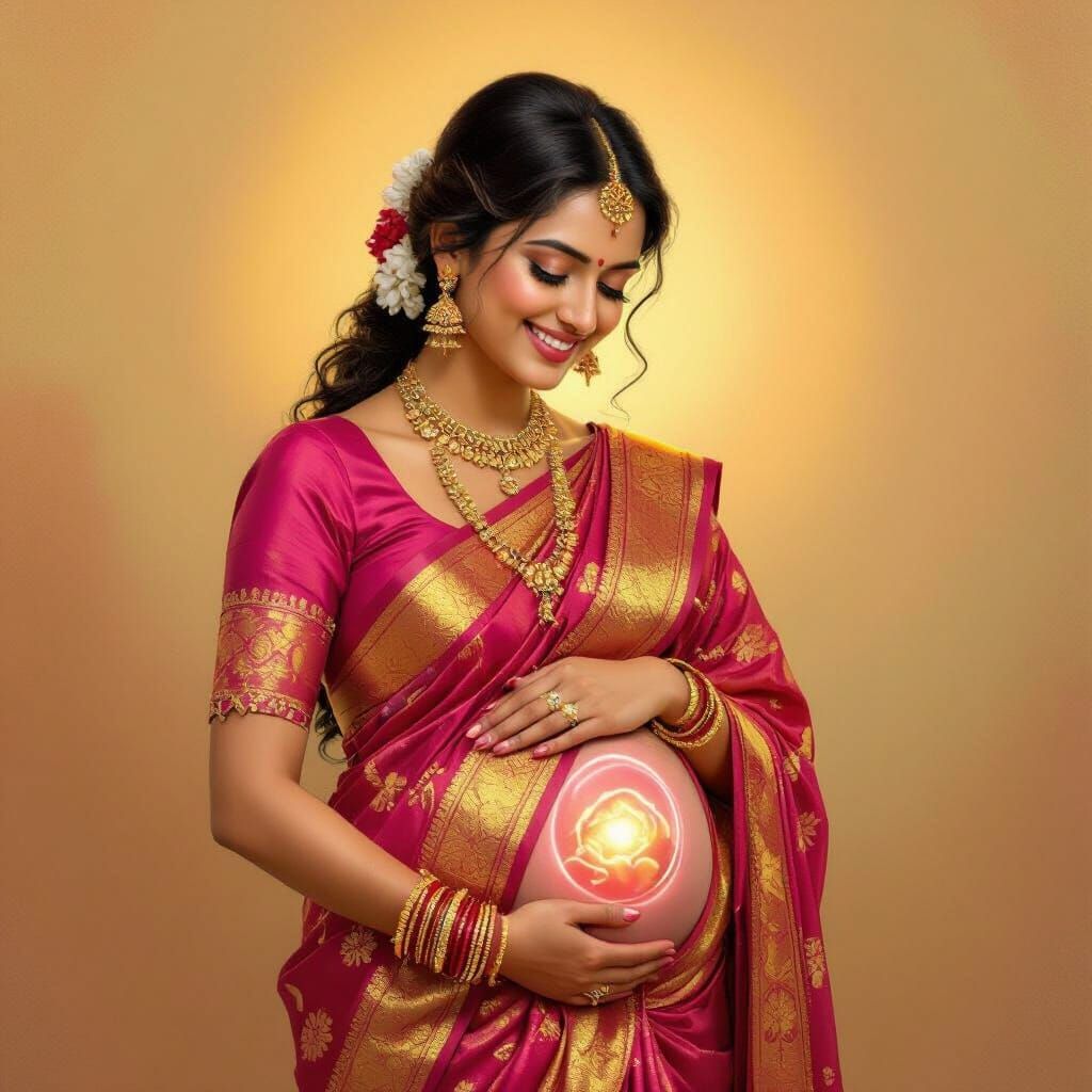 Radiant Pregnant Woman in Rajasthan Folk Art Style