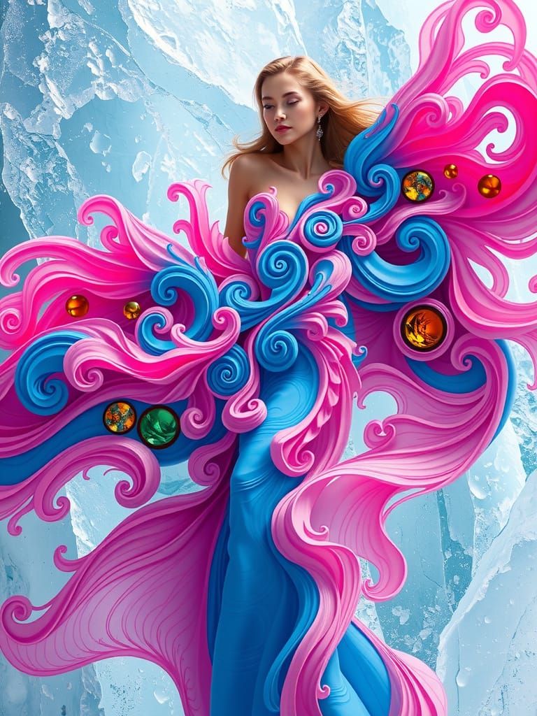 Hyperrealistic Woman in Fractal Dress on Ice