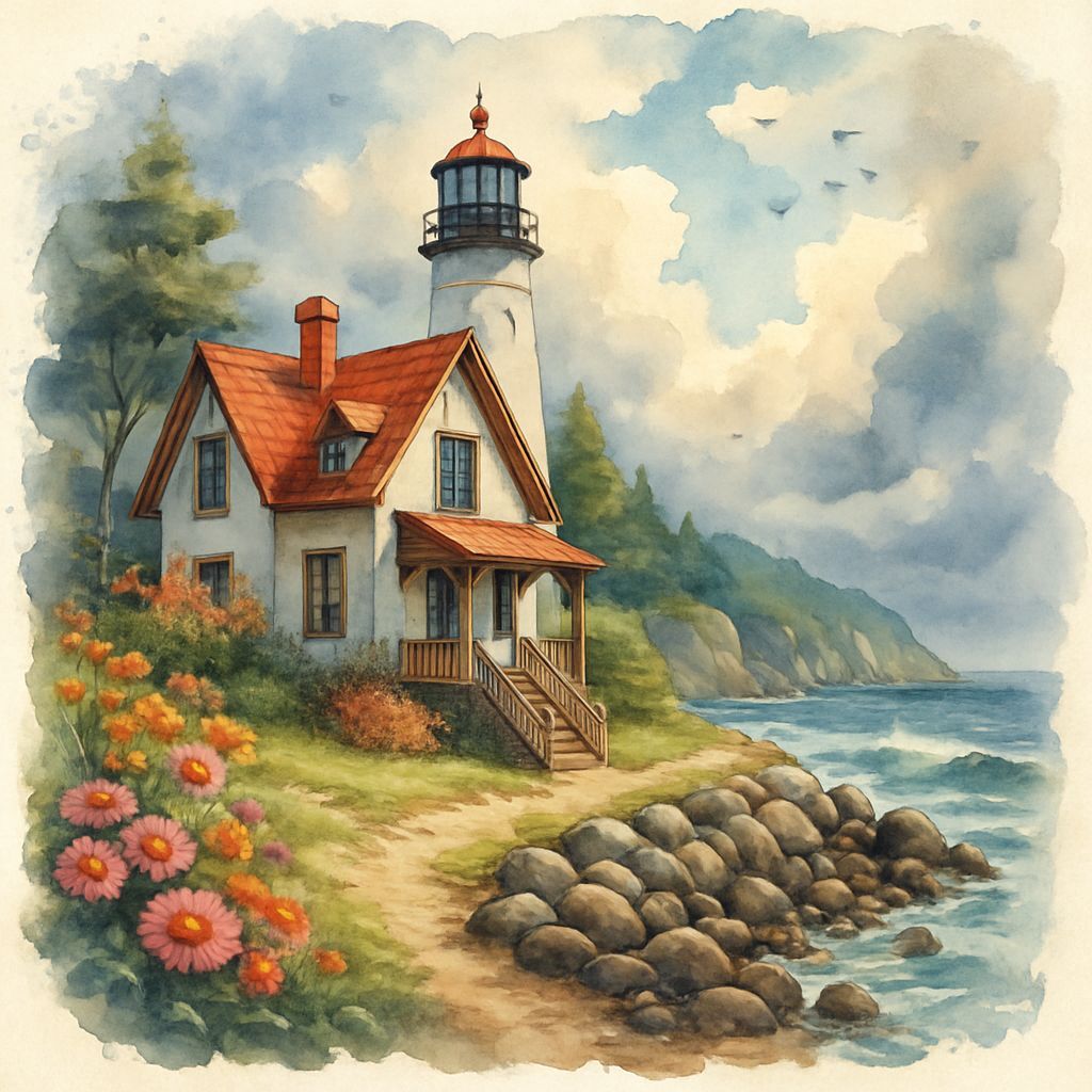 Mystical Lighthouse Cottage in Watercolor