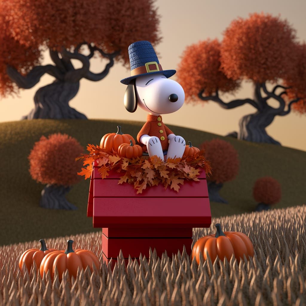 Snoopy in Pilgrim Hat with Harvest on Doghouse