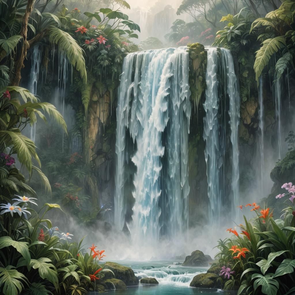 Icy Waterfall Evaporates in Jungle Mist: Fantasy Art