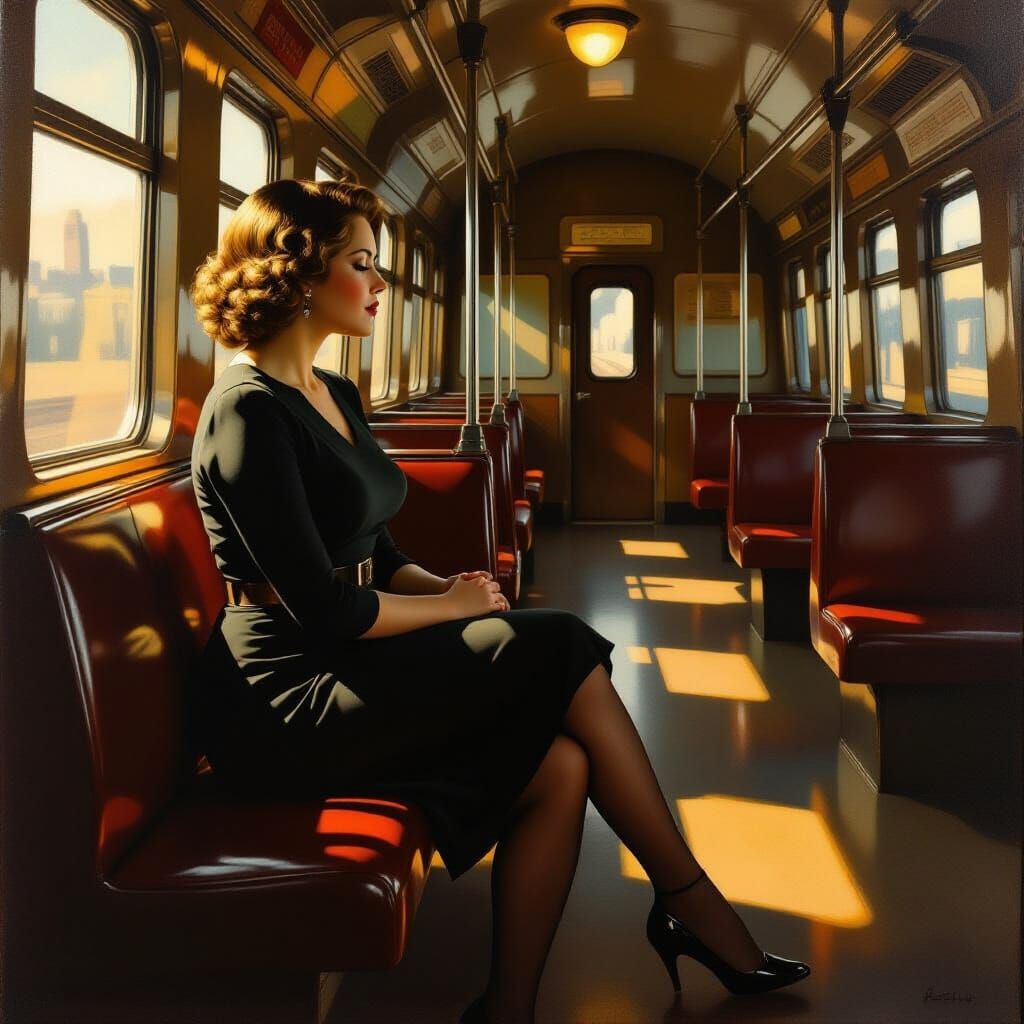 Woman on Train in Realistic Oil Painting Style