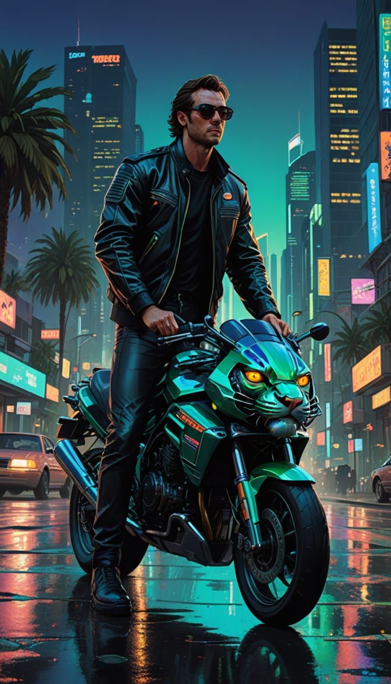 Man Rides a Tiger Through Retrofuturistic Cityscape