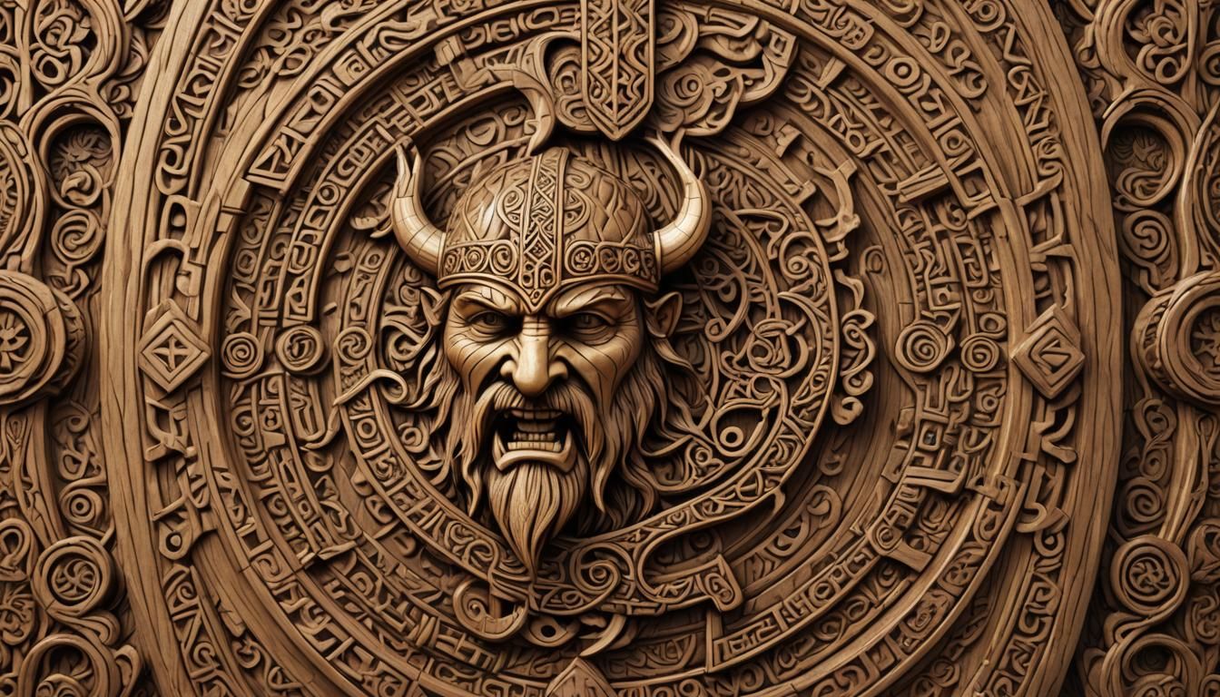 Intricate Viking Totem Carving in Renaissance Style