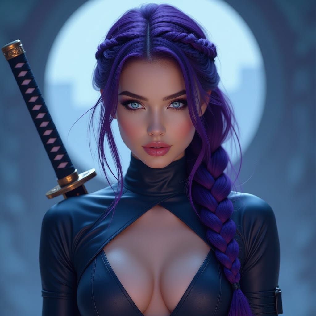 Hyperrealistic Psylocke with Purple Hair and Ninja Suit